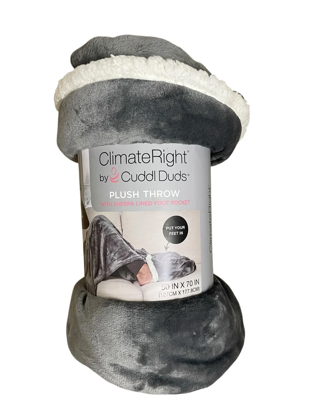 Cuddl Duds ClimateRight Plush Throw Blanket Sherpa Lined Foot Pocket Grey 50x70